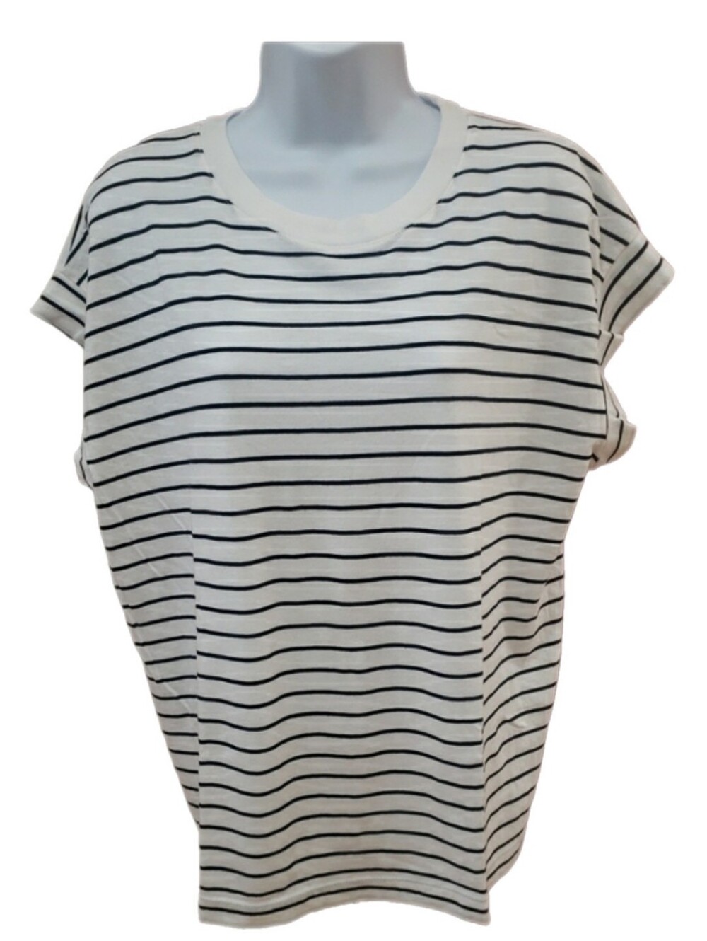 a new day, Striped Crewneck Women’s Top - White with Black Stripes, XL
